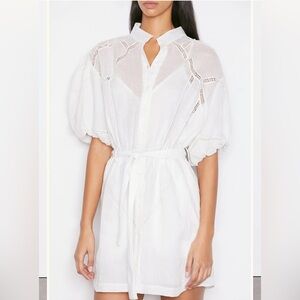 FRAME
Inset Lace Ramie Mini Shirt Dress with Puff Sleeve